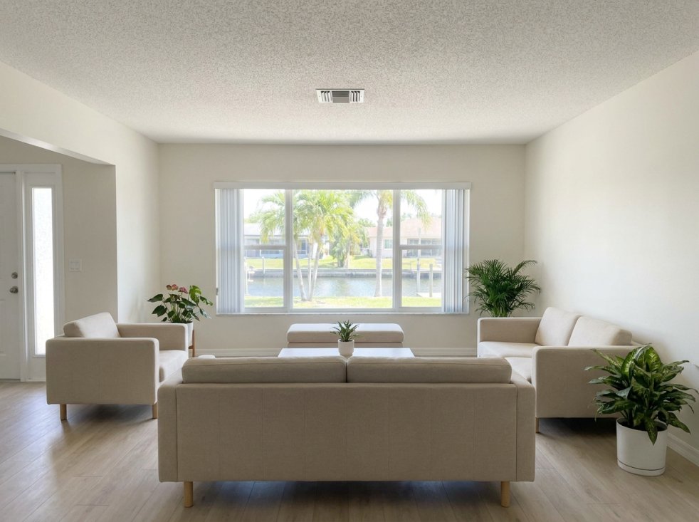 Clean New Port Richey, Florida living room with beige sofas, large window, and potted plants.